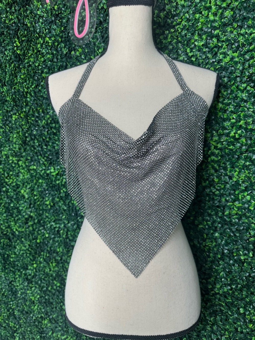 Rhinestone Chainmail Halter Top Y2K Crystal Mesh Cowl Neck Festival Clubwear